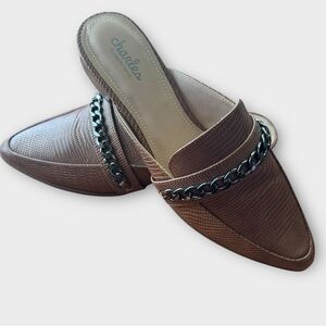 CHARLES Brown Pointed Toe Mule Flats Chain Detail Slip On Shoes Womens 8
